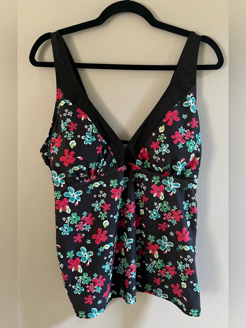 New! Black Floral Tankini Swim Top with Pink & Teal Flowers